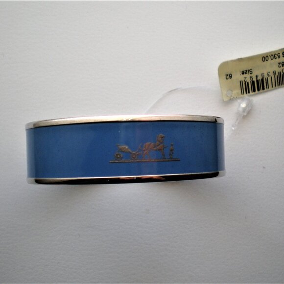 NWT Hermes Caleche Blue Enamel Palladium Plated Wide Bangle Bracelet Size 62 - Picture 4 of 10